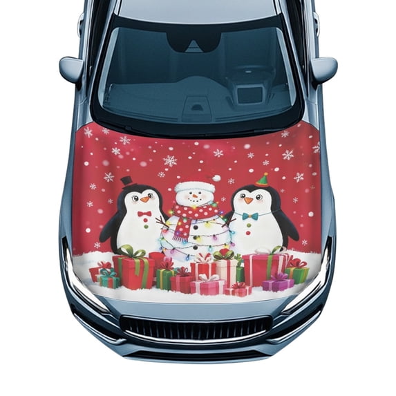 Pzuqiu Christmas Car Hood Cover Protector With Snowman Penguins Pattern - Universal Fit for Holiday Auto Exterior Decoration