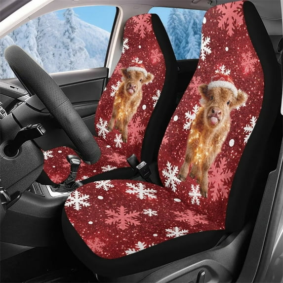 Pzuqiu Christmas Highland Cow Automotive Seat Covers Soft Anti-Slip 2 Pcs Car Seat Covers Front Seats Covers Elastic Fabric Comfortable Interior Accessories Fit for Cars SUV Sedan