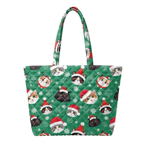 Pzuqiu Christmas Santa Cats Quilted Tote Bag, Plush Padded Lightweight Large Capacity Shoulder Handbag with Top Zip Closure, for Holiday Gifts Shopping, Festive Carryall for Xmas Party