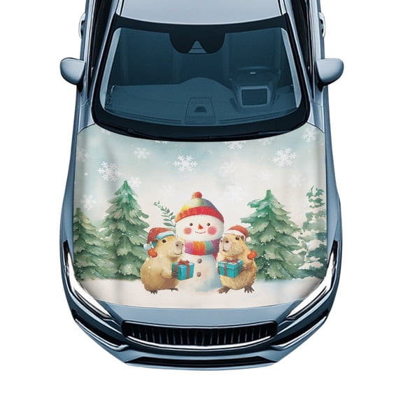 Pzuqiu Christmas Universal Car Hood Cover featuring Snowman Capybara - Festive Decor for Holiday Road Trips