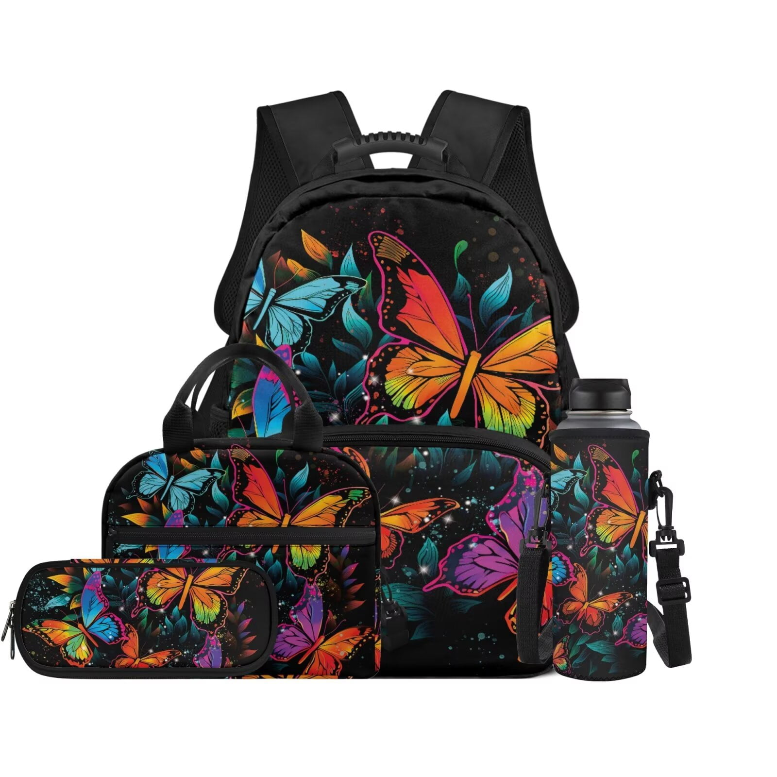 Pzuqiu Colorful Butterfly Girls Backpack with Lunch Box Pencil Case Water Bottle Holder 17 Inch Backpacks for School Girls with Adjustable Shoulder Strap, 4pcs Large Student Bag