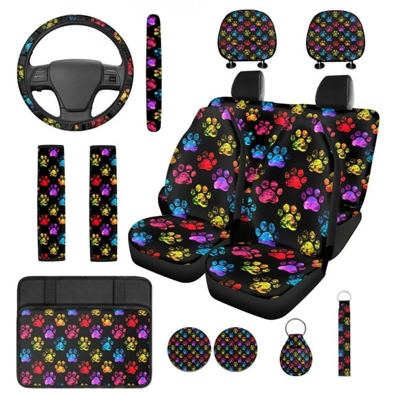 Pzuqiu Colorful Dog Paws 14 Pcs Car Interior Sets Front Rear Seat Covers for Cars Steering Wheel Seatbelt Cushion Arm Rest Pad Headrest Coasters Key Chain Automotive Seat Cover Accessories Full Set