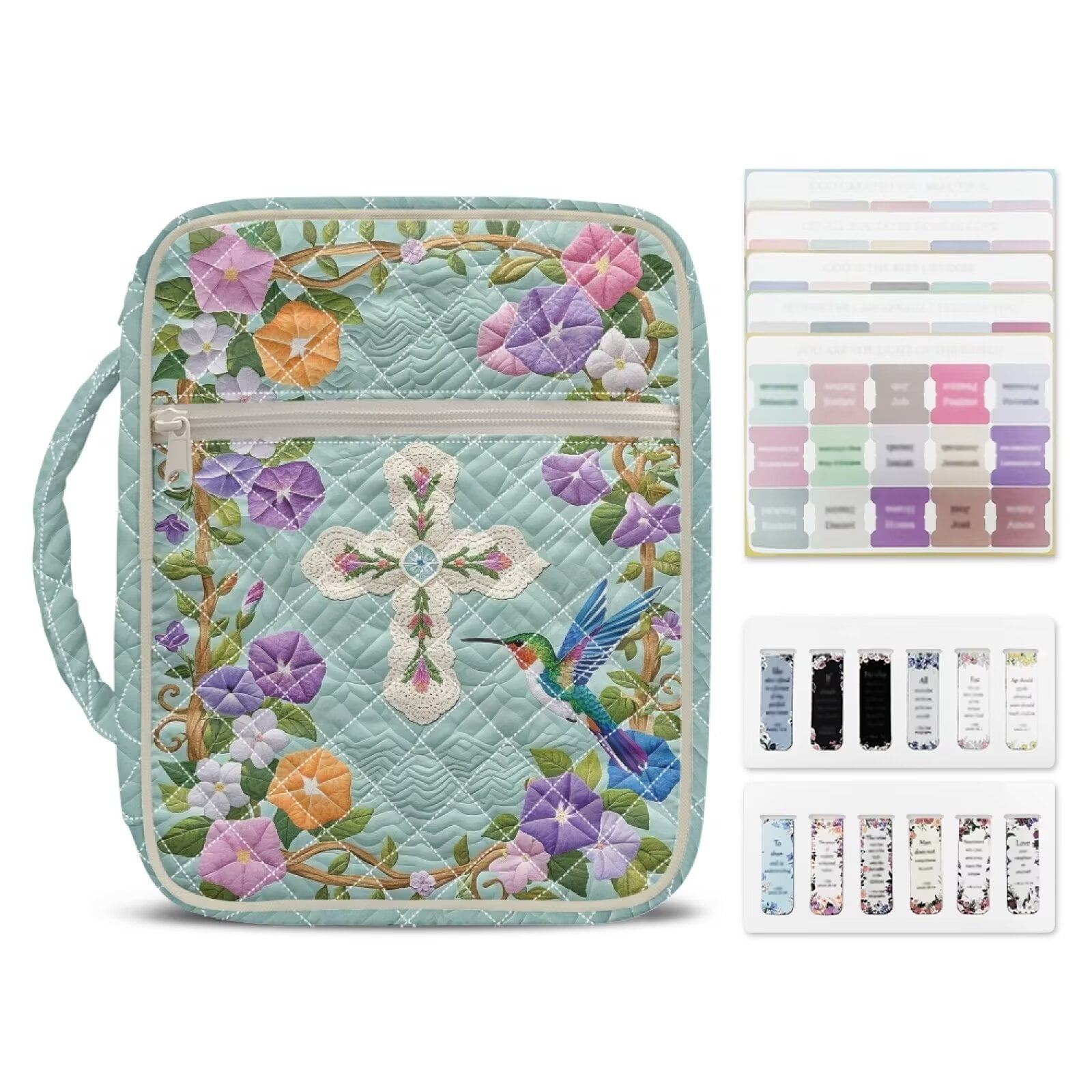 Pzuqiu Colorful Floral Cross Large Quilted Bible Cover Vintage Standard Size Book Cover with Handle and Pockets Carrying Cases Book Protector for Church, Study & Travel