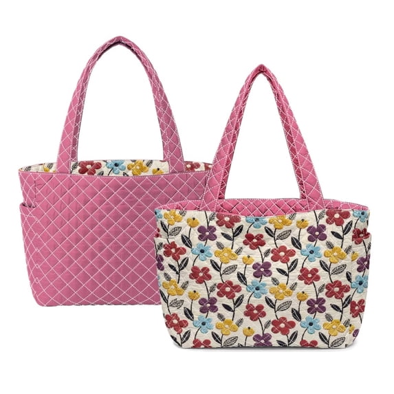 Pzuqiu Colorful Flower Large Capacity Quilted Tote Bag for Women Pink Diamond Puffer Shoulder Handbag, Lightweight Laptop Tote for Work, Travel, Shopping, College, Everyday Use