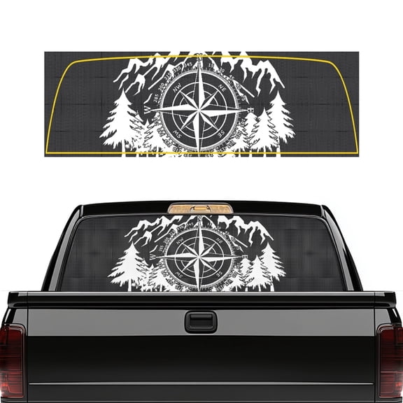 Pzuqiu Compass Mountain Forest Perforated Vinyl Rear Window Decal 66.9" x 22.4" See through Sticker, Truck Decal for Most Pickup Trucks and Automobiles