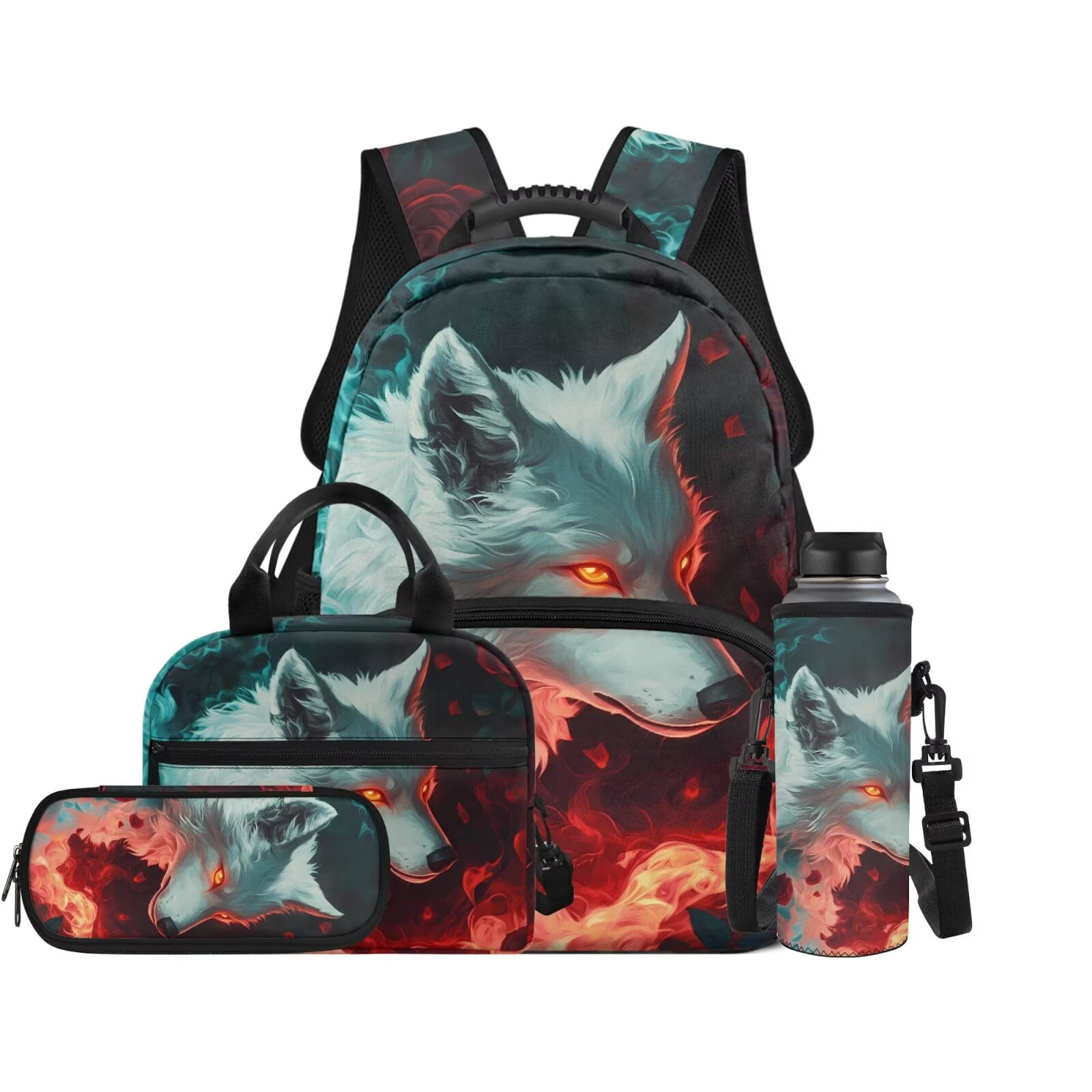 Pzuqiu Cool Wolf Kids Backpack for Boys 4 Piece School Bookbag with Lunch Box Lightweight School Bag for Boys 10-12 Elementary Backpack with Pencil Box Water Bottle Holder