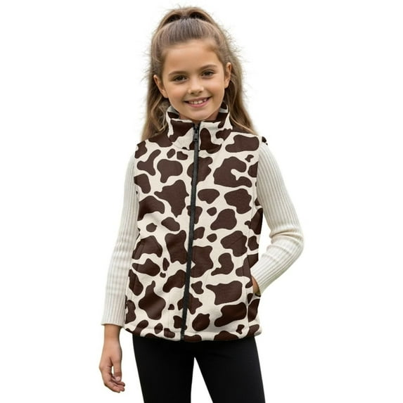 Pzuqiu Cow Print Kids Sleeveless Vests Casual Clothes for Girl 11-12 Versatile Soft Winter Lightweight Sleeveless Fleece Jacket with Practical Wind Proof for Outdoor Activities