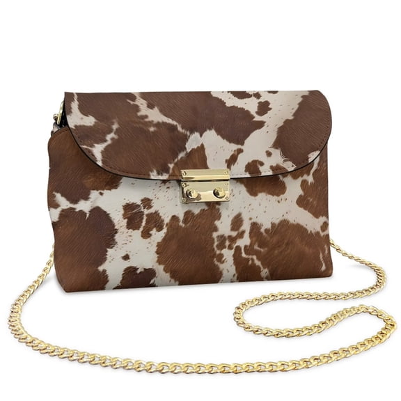 Pzuqiu Cow Print Leather Crossbody Bag with Chain Strap Versatile Quilted Leather Crossbody Bags for Women Functional Craftsmanship Vintage for Teen Girls-Women