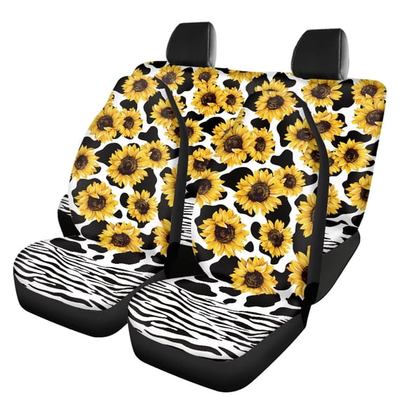 Pzuqiu Cow Print Sunflower Design Car Seat Covers Full Backrest Front and Rear Seat Cover Set, Full Set, Suitable for Sedan Seats Auto Seats, Fit for Truck Cars