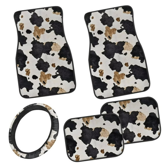 Pzuqiu Cow Print All Weather Car Mats Vehicle Steering Wheel Protector Full Set with Anti-Slip Pad Dust Proof Car Interior Accessories Easy to Install for SUV,Vans, Car Mats Full Set 5 Pcs