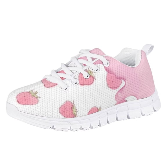 Pzuqiu Cream Strawberry Kids Running Shoes Little Girls Size 11 Lace Up Athletic Sneakers Breathable Mesh Sport Shoes Comfy Walking Shoes