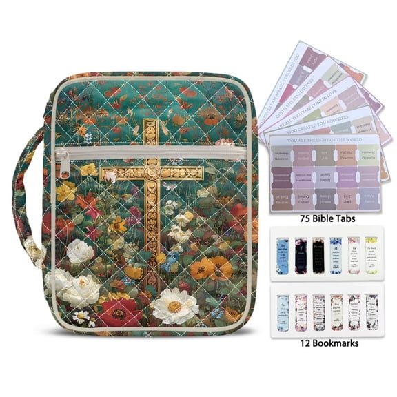 Pzuqiu Cross Colorful Flower Bible Cover for Women Bible Cover Case with Tags&Bookmark Scripture Book Covers Organizer Bibles Study Supplies Accessories for Church Study Travel