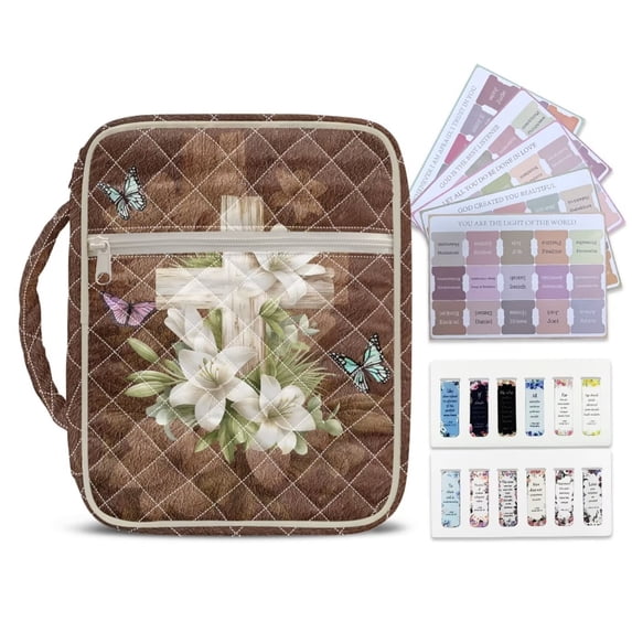Pzuqiu Cross Flower Bible Study Accessory Quilted Book Carrying Case Large Capacity Scripture Book Cover Organizer Church Bag Tote Bags with Tags&Bookmark Christian Gift