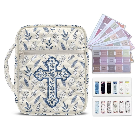 Pzuqiu Cross Leaves Bible Cover Case for Women Carrying Cases Book Protector Large Bible Study Accessories Supplies with Handle&Tags Quilted Vintage Scripture Book Cover