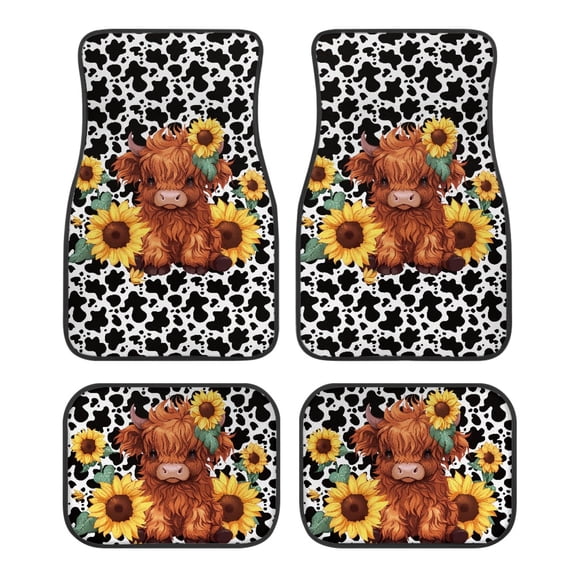 Pzuqiu Cute All-Weather 4-Piece Car Floor Mats with Highland Cow Sunflower Design - Durable Non-Slip Interior Protection