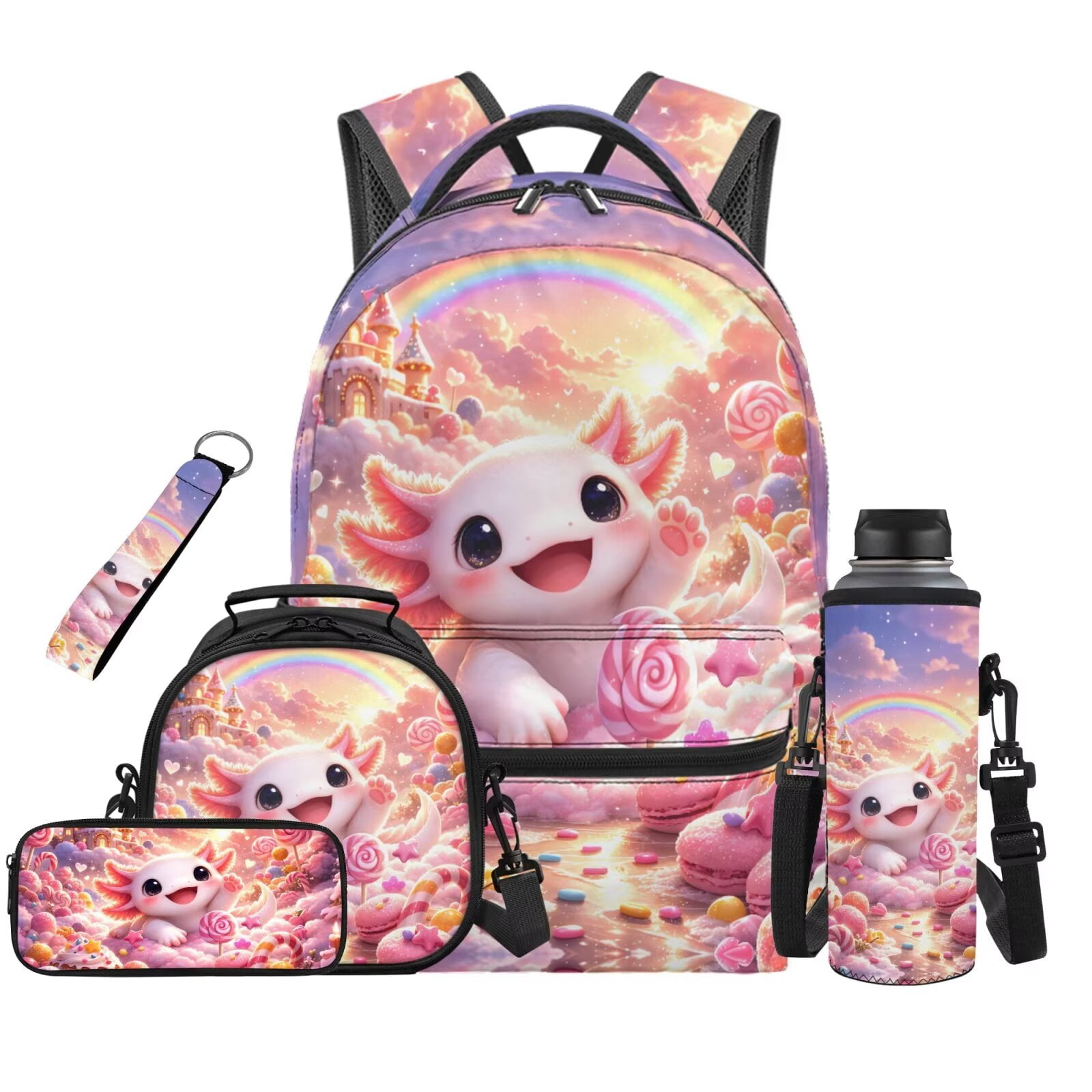 Pzuqiu Cute Axolotl Girls Backpack Set for Girla 5 pcs Includes Insulated Lunch Box Pencil Case Water Bottle Sleeve Lightweight School Bag Set for Preschool Girls 8-12 Years Old