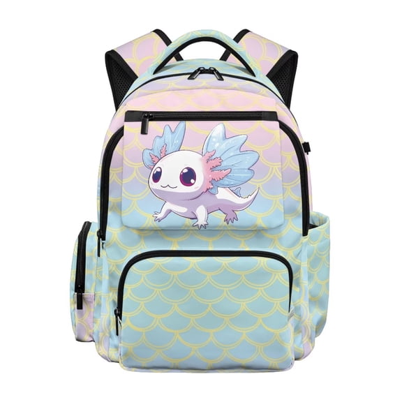 Pzuqiu Cute Axolotl Gradient Scales 17 Inch School Backpack Breathable Padded Shoulder Straps Large Capacity Bookbag for Kids Teens Casual Travel Daypack with Multi Pockets