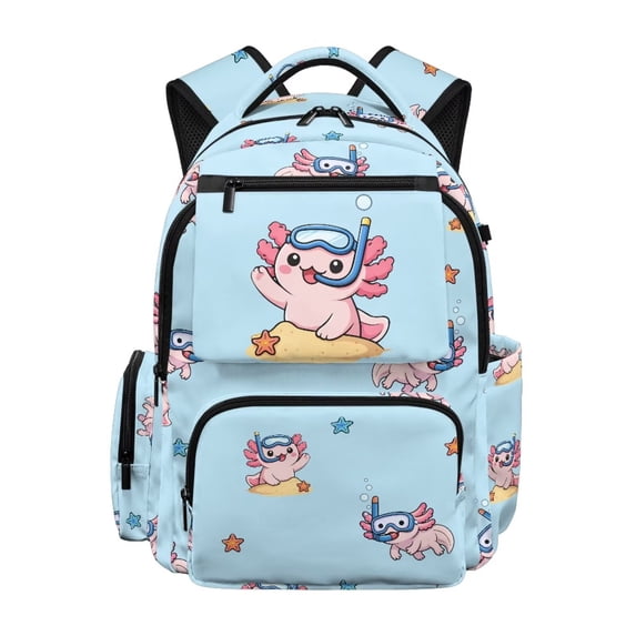 Pzuqiu Cute Axolotl Kids Backpack Large Capacity 17 Inch School Bags Soft Padded Breathable Straps Lightweight Bookbags with Side Pockets for Daily School Travel Age 8-18