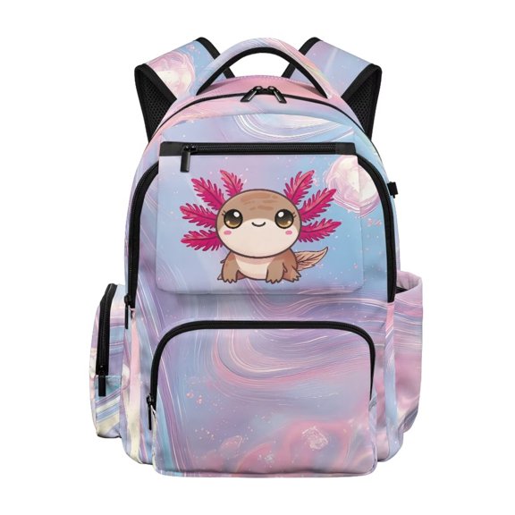 Pzuqiu Cute Axolotl Marble 17 Inch Large Capacity School Backpack Breathable Padded Strap Bookbag for Kids Teens Casual Daypack for Travel School Daily Use Ages 6-12