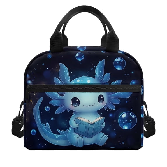 Pzuqiu Cute Axolotl Print Lunch Tote Bag Thermal Reusable Leakproof Lunch Container for School Picnic Travel, Large Capacity Wearable Lunch Cooler Bag with Adjustable Strap