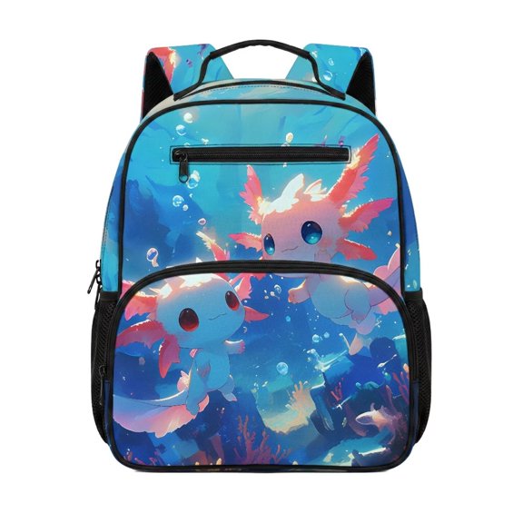 Pzuqiu Cute Axolotl Underwater Print 13.5 Inch Kids Backpack Water Resistant Padded Breathable Straps Featherweight School Bag for Preschool Kindergarten Toddlers Boys Girls