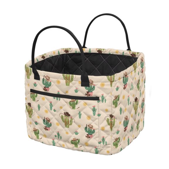 Pzuqiu Cute Cactus Print Quilted Laundry Basket with Handles Foldable Large Capacity Lightweight Fabric Hamper Organizer for Bedroom Bathroom Nursery Dorm 12"x11"x10"