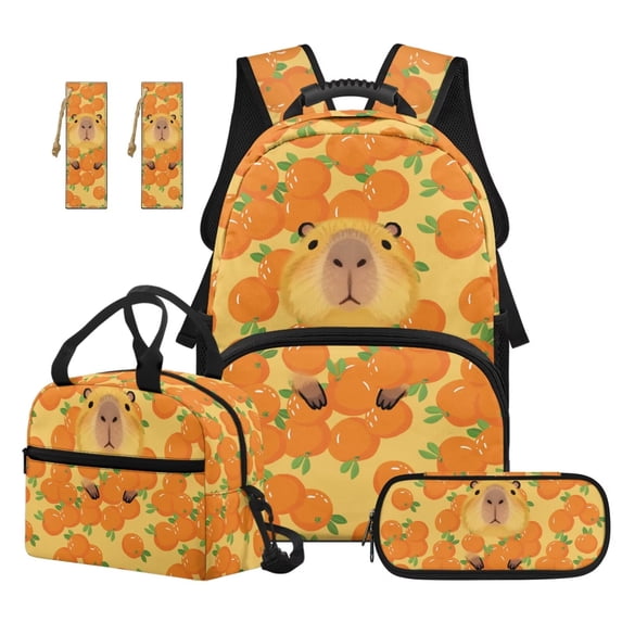Pzuqiu Cute Capybara Backpack for Girls Backpacks with Lunch Bag Pencil Case Set for Kids 17 Inch Large Travel Schoolbag for Girls Camping Rucksack Travel School Bag 4PCS