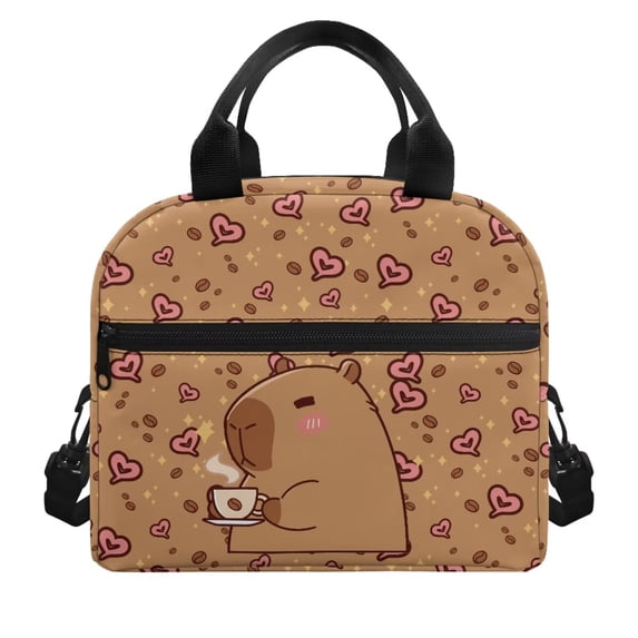 Pzuqiu Cute Capybara Coffee Insulated Lunch Tote Bag, Leakproof Reusable Lunch Box with Adjustable Strap Spacious Durable Lunch Cooler Bag for Work School Picnic
