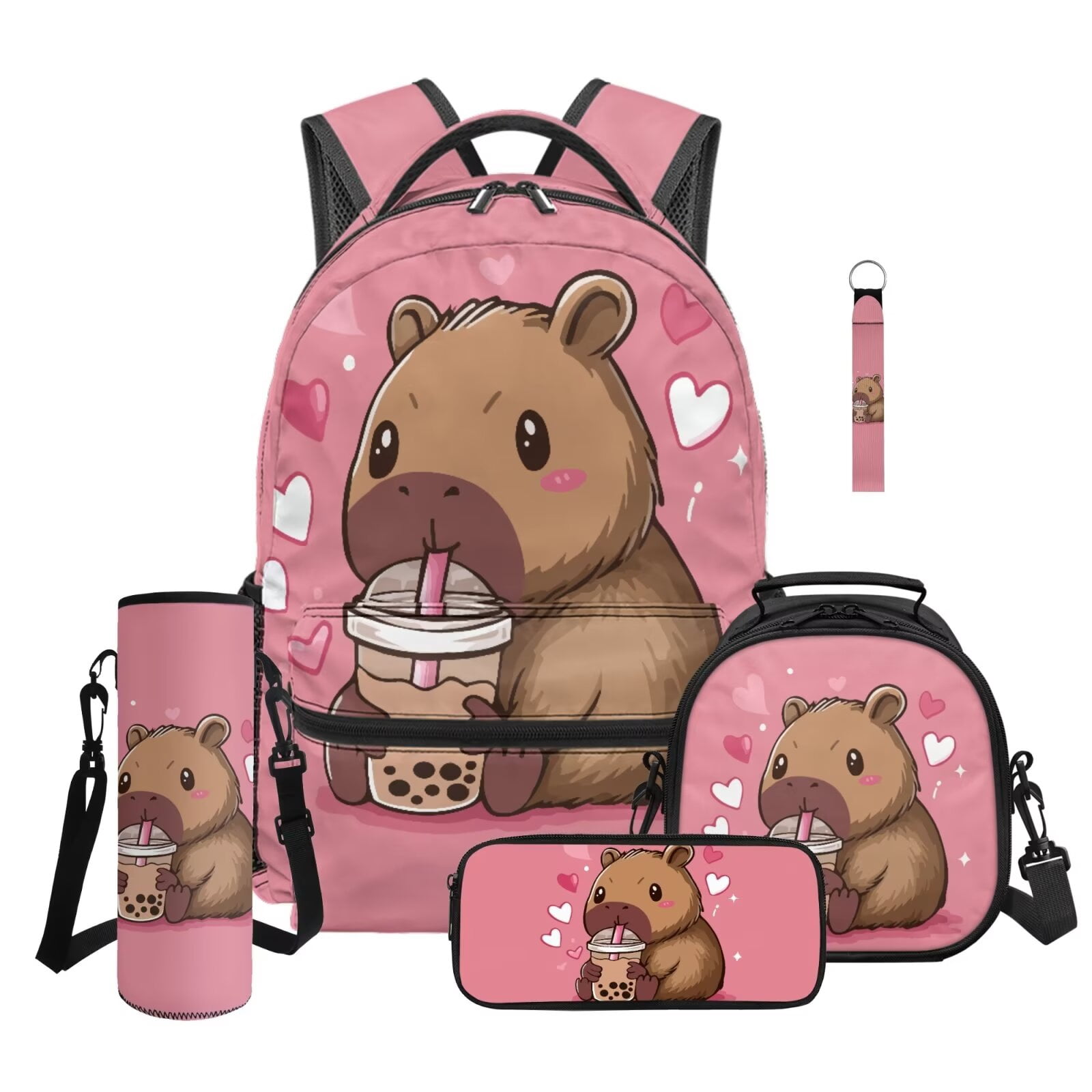 Pzuqiu Cute Capybara Girls Backpack Set of 5 School Bookbag Purse with Reusable Lunch Tote Bag Water Bottle Bag Pencil Case for Kids Elementary Schoolbags
