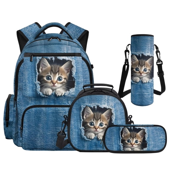 Pzuqiu Cute Cat 4 Piece School Backpack Set 17 Inch Large Capacity Schoolbag with Lunch Box Pencil Case Water Bottle Holder Lightweight Bookbag for Girls Middle School