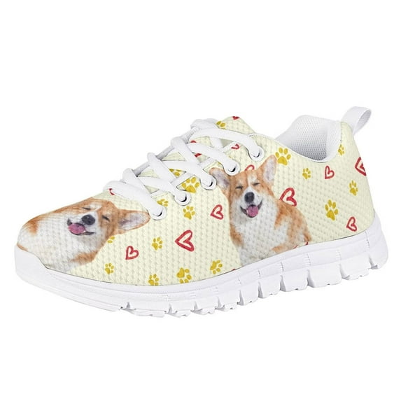 Pzuqiu Cute Corgi Dog Sneakers for Kids Heart Print Girls Tennis Shoes Big Girls Size 3 Lace Up Breathable Sport School Shoes Lightweight Running Shoes