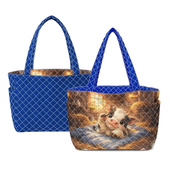 Pzuqiu Cute Cow Print Large Capacity Quilted Tote Bag for Women Lightweight Puffer Work Tote Bag Trendy Carryall Work Travel Totes for School Everyday Use Soft Shoulder Handbag