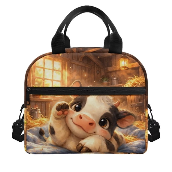 Pzuqiu Cute Cow Print Large Capacity Reusable Lunch Bag, Thermal Insulated Leakproof Lunch Tote with Adjustable Shoulder Strap, Durable Portable for School Work Hiking Picnic