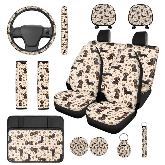 Pzuqiu Cute Dachshund 14 Pcs Interior Covers Front Saddle Blanket Rear Split Bench Cover Steering Wheel Center Console Cushion Pad Shoulder Strap Pads Seat Headrest Coasters Keychain