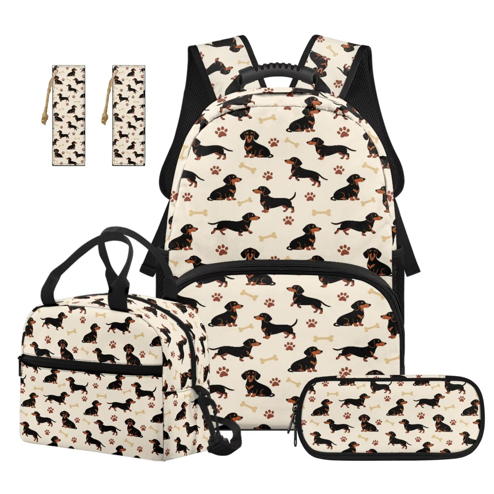 Pzuqiu Cute Dachshund 4 Piece School Backpack Set with Lunch Box Pencil Case Kawaii Backpacks for School Girls with Adjustable Shoulder Strap Large Capacity Student Bag for Teens
