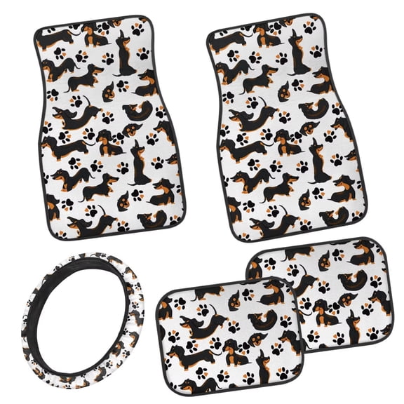 Pzuqiu Cute Dachshund Car Floor Mats and Steering Wheel Cover for Women Rubber Non-Slip Easy to Install Full Set Front & Rear Floor Mats for Additional Protection Car Mats Full Set 5 Pcs
