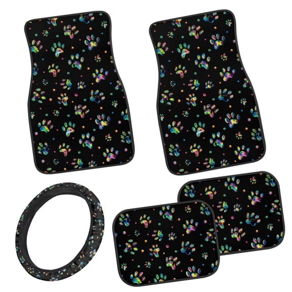 Pzuqiu Cute Dogs Paw Car Floor Mats Full Set Fashion Driver Seat, Passenger Seat and Rear Floor Mats with Car Steering Wheel Cover Non Slip Universal Fit Automotive Floor Mats for Cars