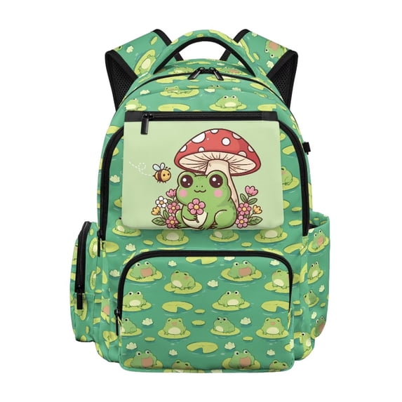 Pzuqiu Cute Frog Mushroom Kids School Backpack Soft Padded Breathable 17 Inch Large Capacity Casual Daypack for Boys Girls Students Daily Use Travel Outdoor Activities