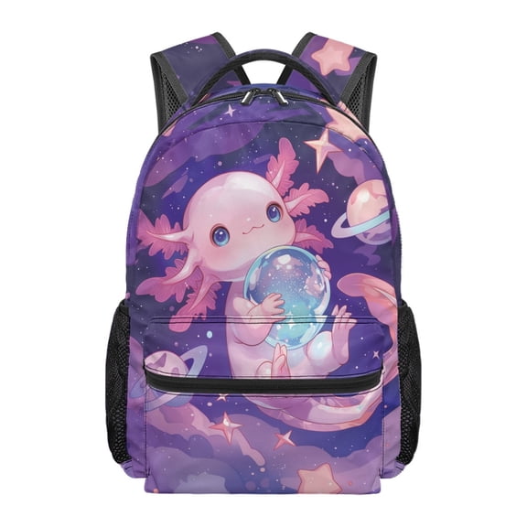 Pzuqiu Cute Galaxy Axolotl Pattern Student Backpack, Polyester Waterproof School Backpack Side Pockets School Bag for Outdoor Play Museum Visits