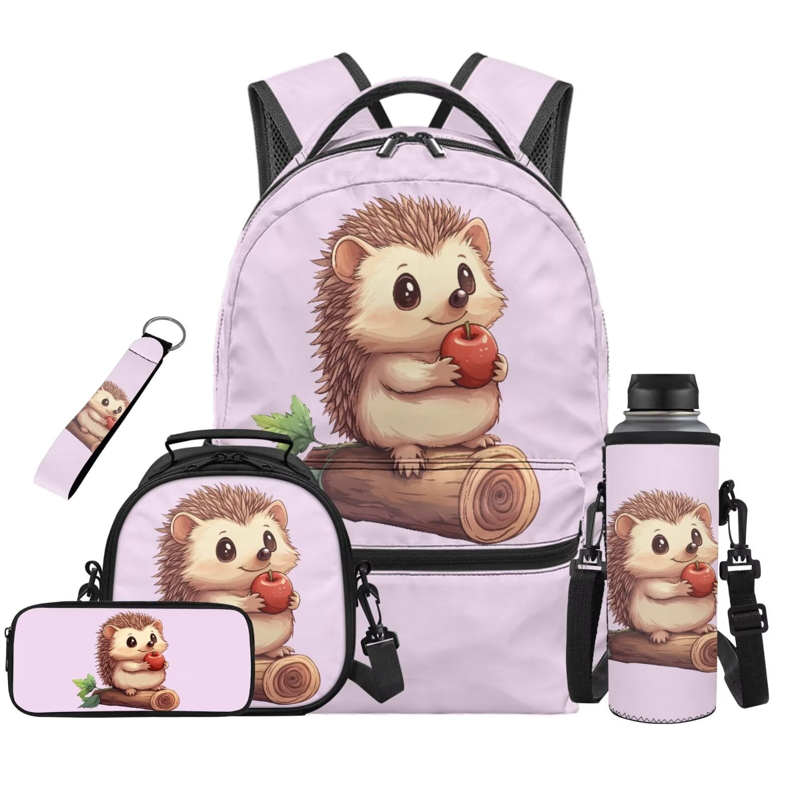 Pzuqiu Cute Hedgehog Kids Backpack and Lunch Box 5pcs Lightweight School Backpack Set for Girls Boys Includes Pencil Case Bottle Holder Keychain for Daily School Use