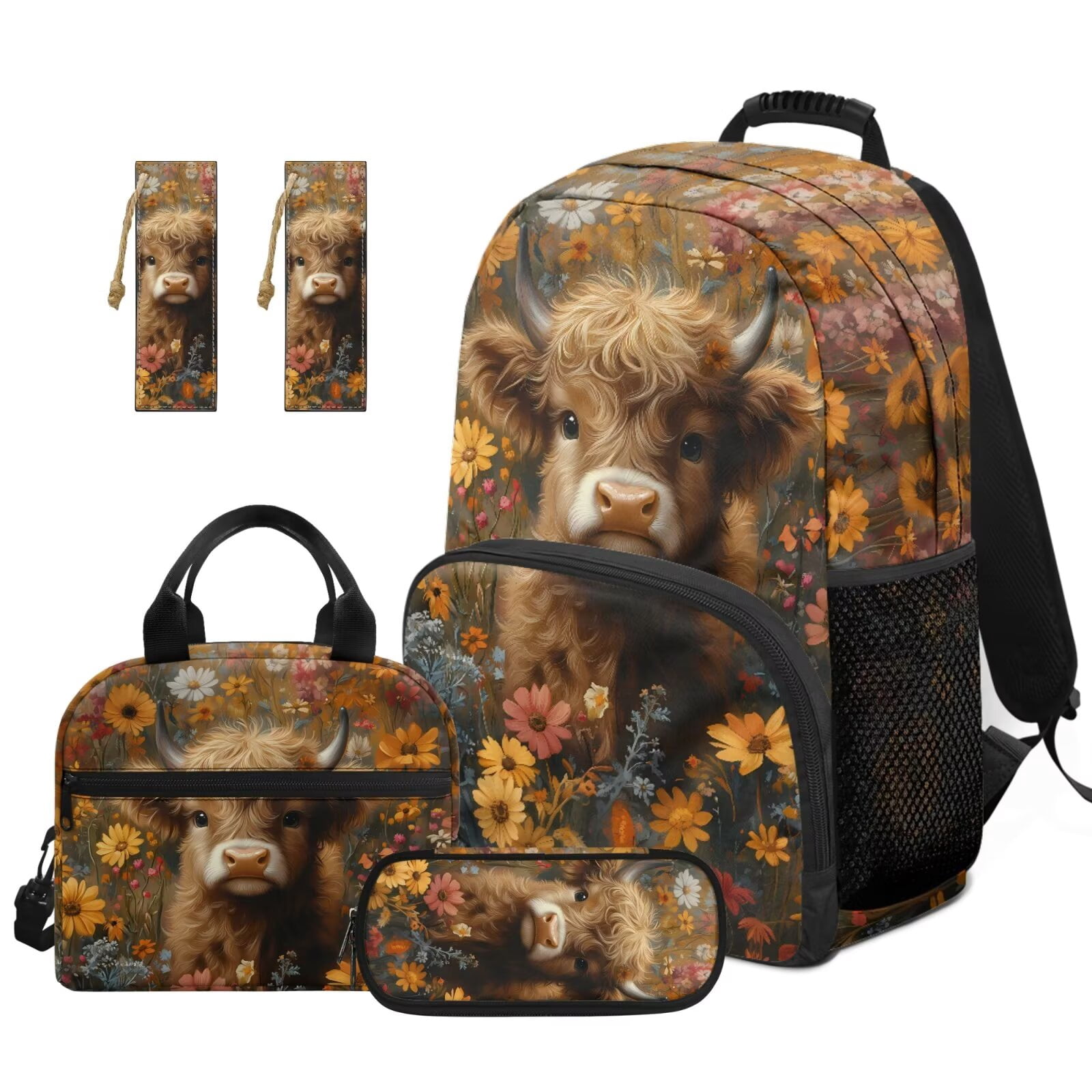 Pzuqiu Cute Highland Cow Backpack for Girls 4 Piece School Bookbag with Lunch Bag Lightweight School Bag for Girls 10-12 Elementary Backpack with Pencil Box 2pcs Bookmark