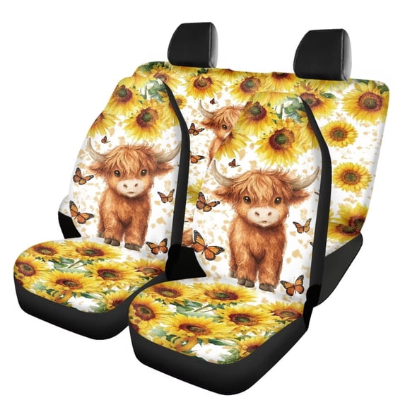 Pzuqiu Cute Highland Cow Car Seat Covers, 4 Pcs Car Front Seats and Rear Bench Cove, Universal Elastic Vehicle Seats Cushion Automotive Interior Protection Accessories