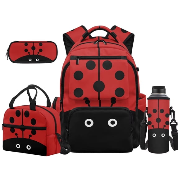Pzuqiu Cute Ladybug School Backpack Set for Kids with Lunch Bag 17 Inch Book Bags for Girls 10-12 Years Old, Schoolbag for Boys Pencil Bag Water Bottle Bag School Bookbag Sets