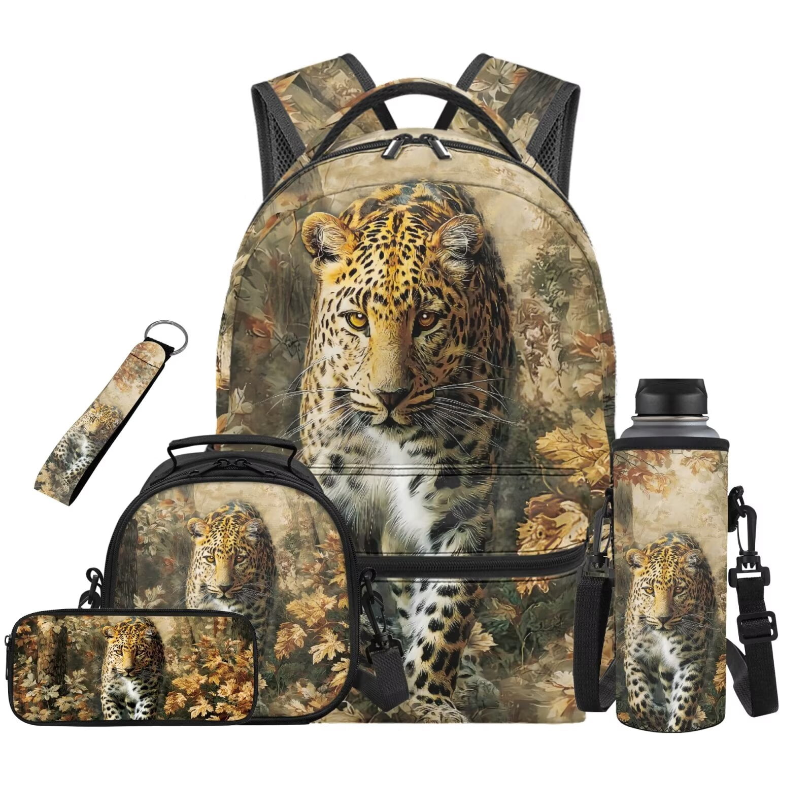 Pzuqiu Cute Leopard Print Kids Backpack and Lunch Box Set 5 Piece Large Lightweight School Bag Set with Pencil Case Water Bottle Bag for Elementary Boys Girls Daily School Use