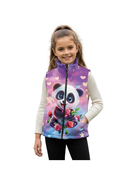 Cute Panda Kids Outerwear Vest 7-8 Polyester Soft Zipper Winter Sleeveless Jacket with Pockets Warm Comfortable Fall Outerwear Versatile Fashion Casual Clothes for Girls