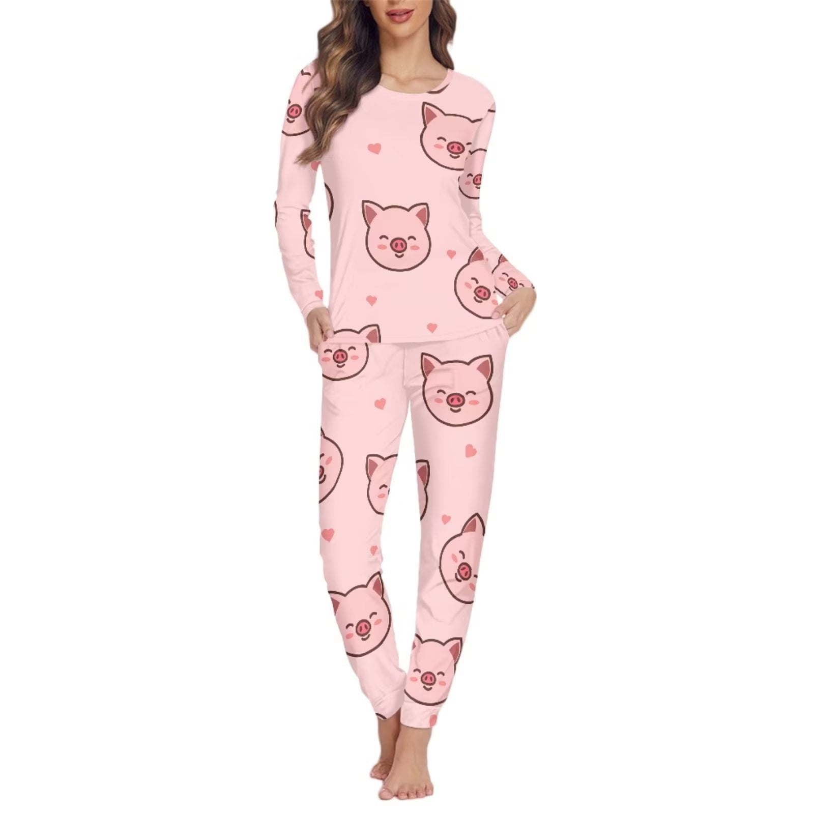 Pzuqiu Cute Pig Long Sleeve Pajamas Casual Indoor Home Athletic