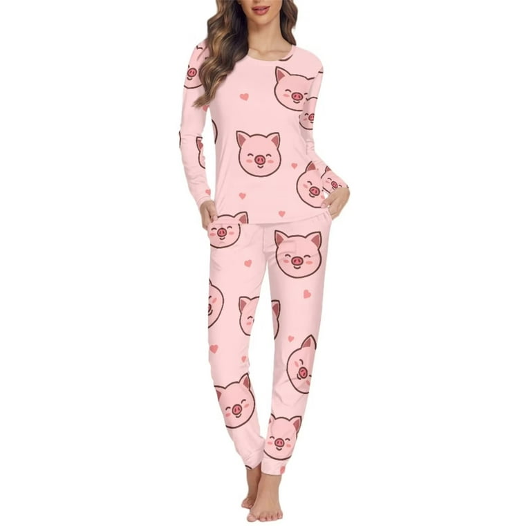 Pzuqiu Cute Pig Long Sleeve Pajamas Casual Indoor Home Athletic Outfits  Novelty Fall Clothes,2 Pack Lounge Set Matching Top & Pants with Pockets