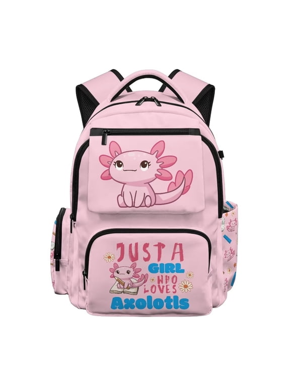Cute Pink Axolotl Girls Backpack with Padded Breathable Straps 17 Inch Large Capacity School Bag for Kids Ultra Soft Lightweight Water Resistant Bookbag for Daily Travel