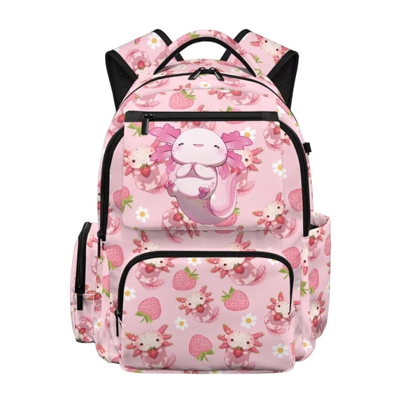 Pzuqiu Cute Pink Axolotl Strawberry Print 17 Inch School Backpack Breathable Lightweight Book Bag with Side Pockets Comfortable Laptop Rucksack for Girls Boys Travel Daily Use