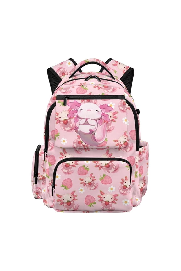 Cute Pink Axolotl Strawberry Print 17 Inch School Backpack Breathable Lightweight Book Bag with Side Pockets Comfortable Laptop Rucksack for Girls Boys Travel Daily Use